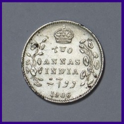 1906 Two Annas Silver Coin, Edward VII King, British India