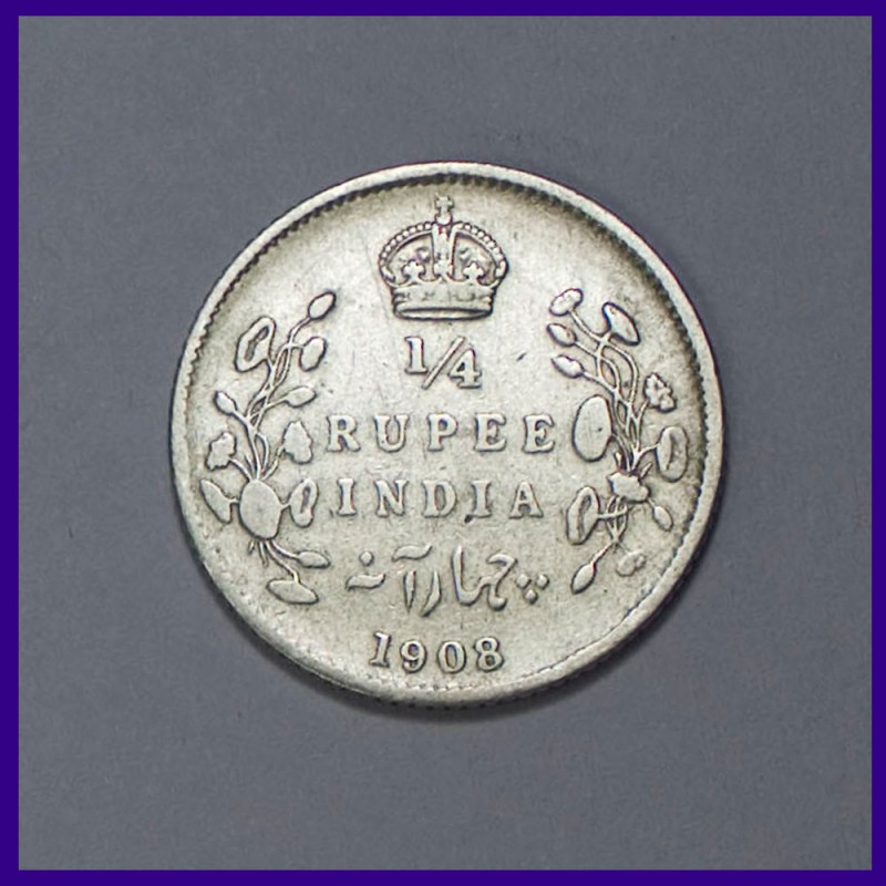 1908 Quarter Rupee Silver Coin Edward VII British India