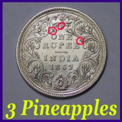 1862 Victoria Queen, Pineapple, A-II No Dot, One Rupee Silver Coin