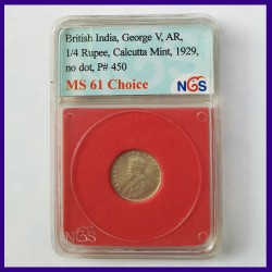 1929 Certified MS 1/4 (Quarter) Rupee George V Calcutta Mint British India Coin