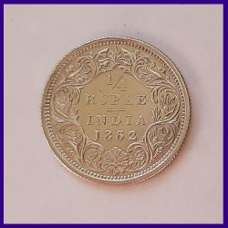 1862 AUNC Quarter Rupee Victoria Queen British India Silver Coin