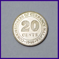Malaya 20 Cents George VI 1945 Commissioners of Currency