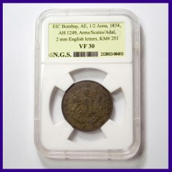 1834 Certified Half (1/2) Anna Tarazu Coin East India Company Copper Coin