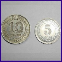 Malaya, Set of 2 Coins, UNC 10 Cents & 5 Cents, George VI, 1941 & 1943 Commissioners of Currency