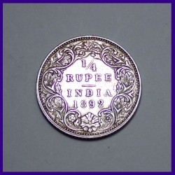 1892 Quarter (1/4) Rupee, Victoria Empress, British India Silver Coin