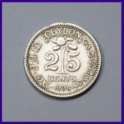 1908 Ceylon 25 Cents Edward Silver Coin