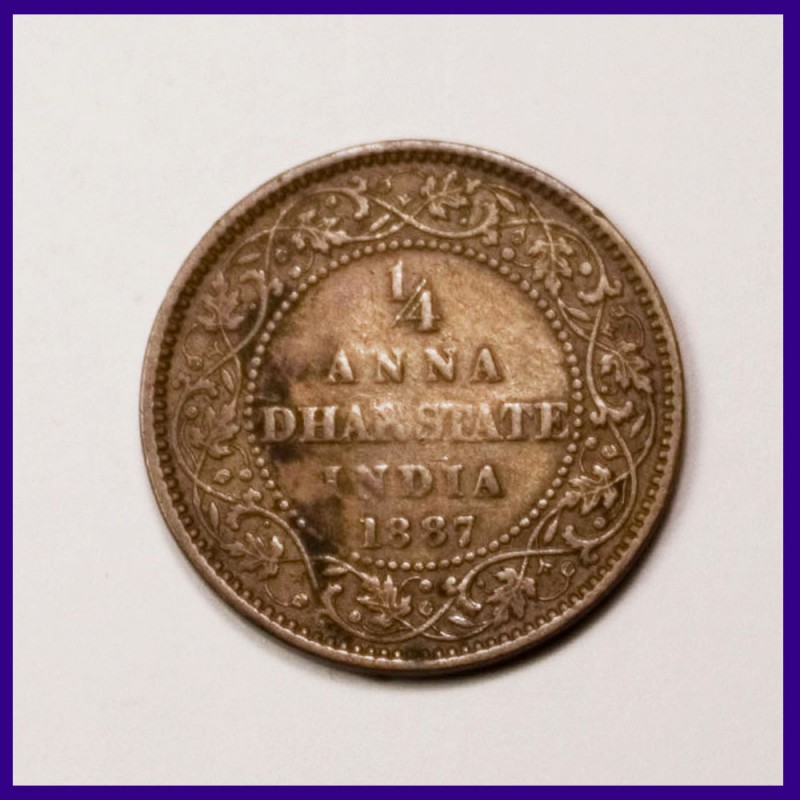 1887 Dhar One Quarter Anna, Victoria Empress Coin